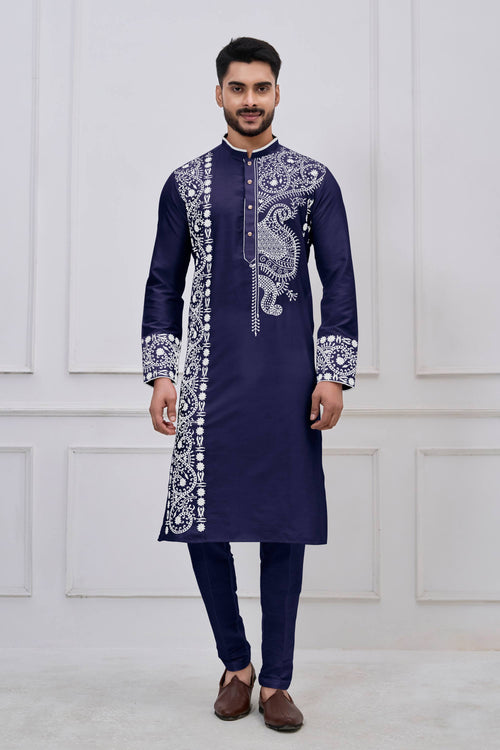 Embroidered Viscose Navy Blue Men Readymade Kurta Pyjama For Festive Wear