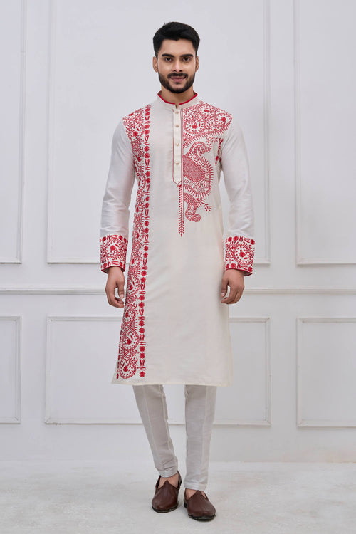 White Festive Wear Viscose Embroidered Readymade Kurta Pyjama For Men