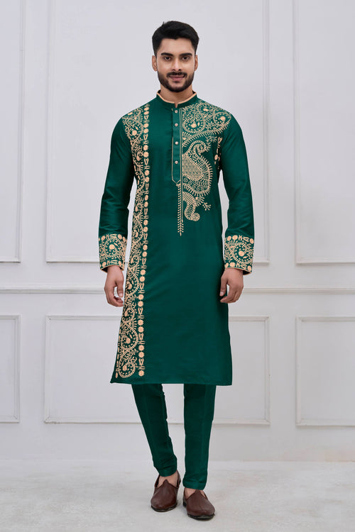 Teal Festive Wear Viscose Embroidered Readymade Kurta Pyjama For Men