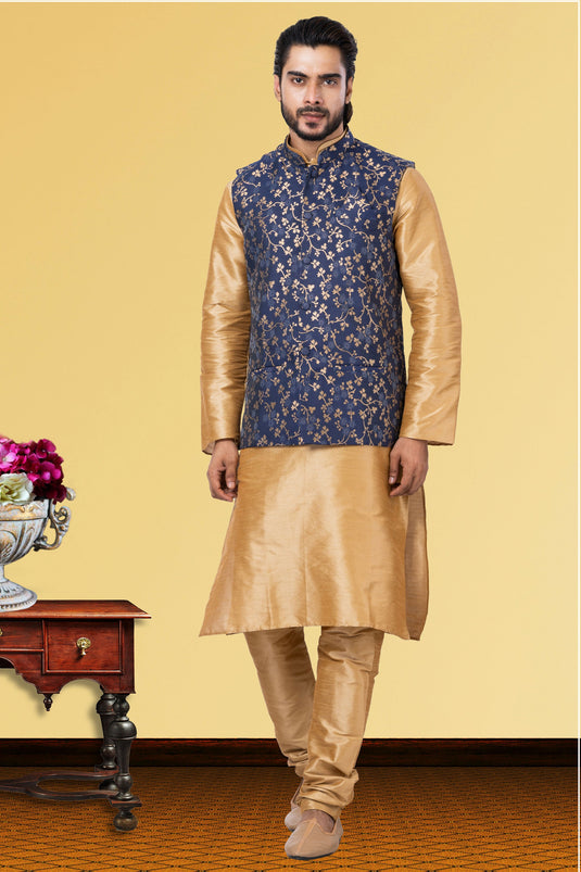 Dhupion Raw Silk Cream Festive Wear Readymade Lovely Kurta Pyjama For Men With Jacket