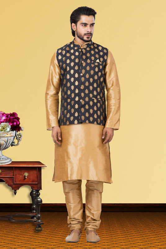 Dhupion Raw Silk Beautiful Cream Wedding Wear Readymade Kurta Pyjama For Men With Jacket