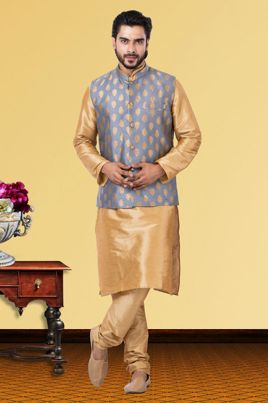 Cream Dhupion Raw Silk Graceful Readymade Men Kurta Pyjama With Jacket