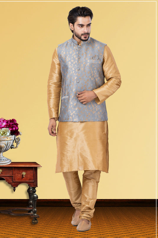 Dhupion Raw Silk Cream Sangeet Wear Readymade Kurta Pyjama For Men With Jacket