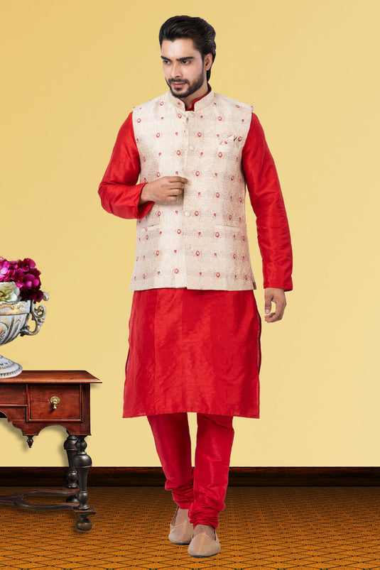 Red Dhupion Raw Silk Fabric Function Wear Readymade Kurta Pyjama For Men With Jacket