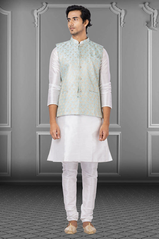 White Sangeet Wear Dhupion Raw Silk Fabric Designer Readymade Kurta Pyjama For Men With Jacket