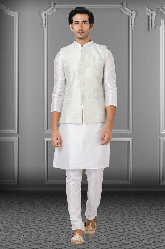 White Engaging Dhupion Raw Silk Fabric Festive Wear Readymade Kurta Pyjama For Men With Jacket