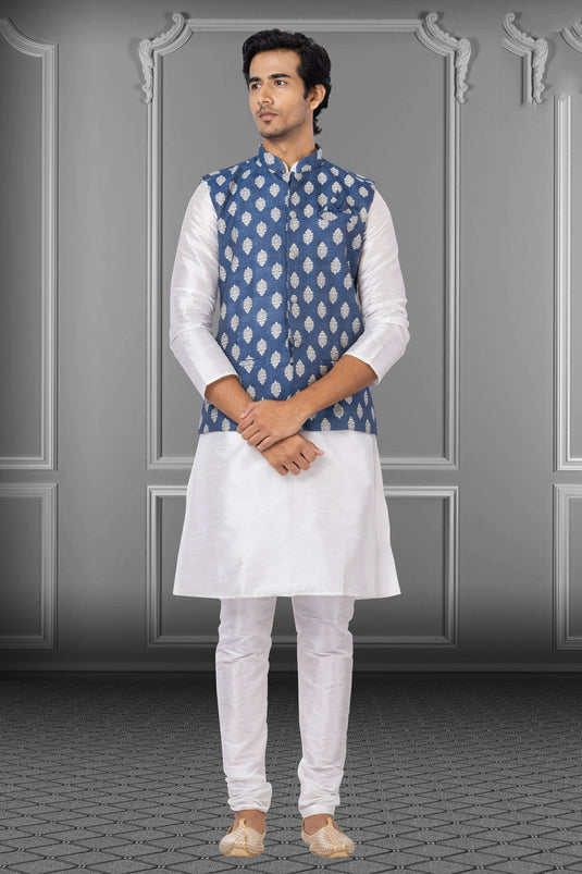 White Dhupion Raw Silk Fabric Reception Wear Striking Readymade Kurta Pyjama For Men With Jacket