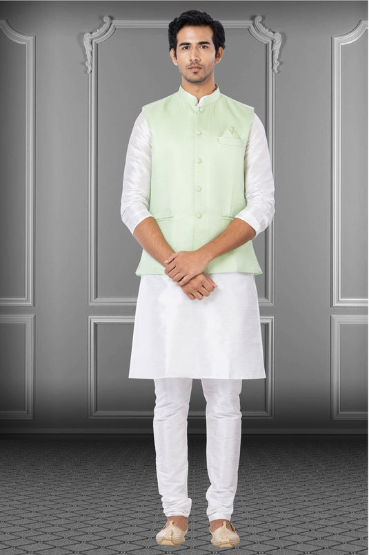 White Dhupion Raw Silk Fabric Sangeet Wear Trendy Readymade Kurta Pyjama For Men With Jacket Set