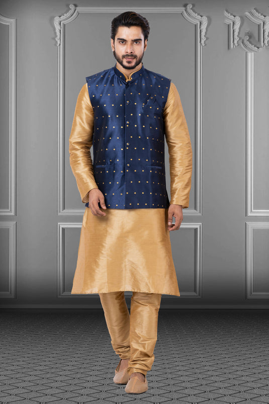 Dhupion Raw Silk Cream Wedding Wear Readymade Designer Men Kurta Pyjama With Modi Jacket