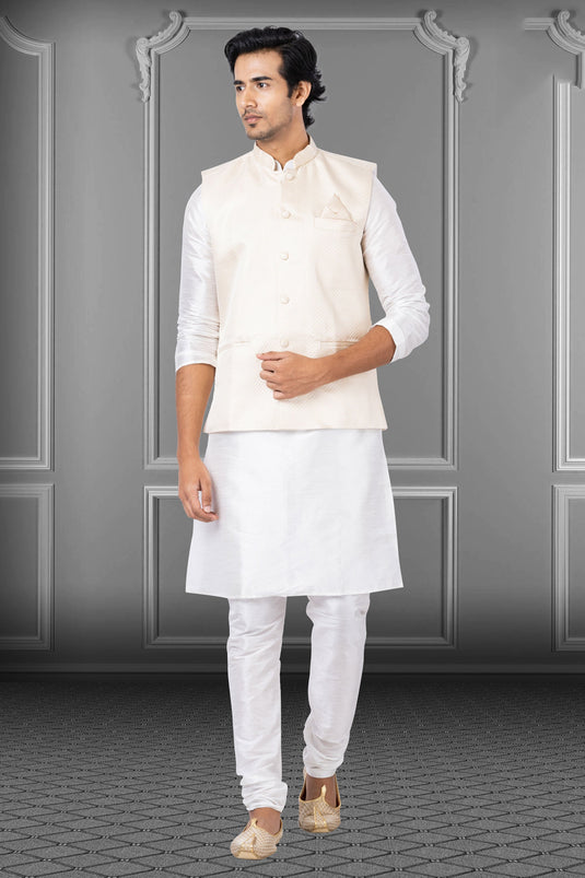 Dhupion Raw Silk Stunning White Function Wear Readymade Men Kurta Pyjama With Jacket