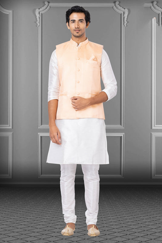 White Dhupion Raw Silk Festive Wear Readymade Lovely Kurta Pyjama For Men With Jacket