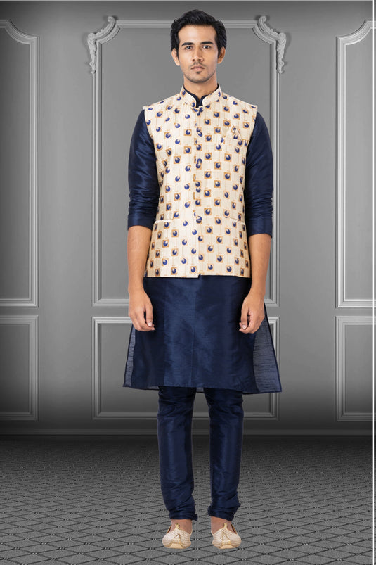 Reception Wear Readymade Navy Blue Dhupion Raw Silk Fabric Beautiful Kurta Pyjama For Men With 3 Pcs Jacket Set