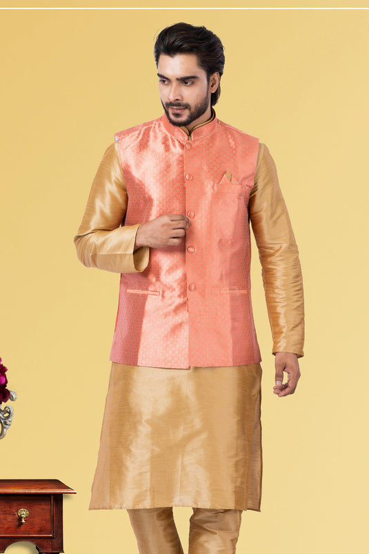 Peach Jacquard Silk Fabric Festive Wear Readymade Jacket For Men