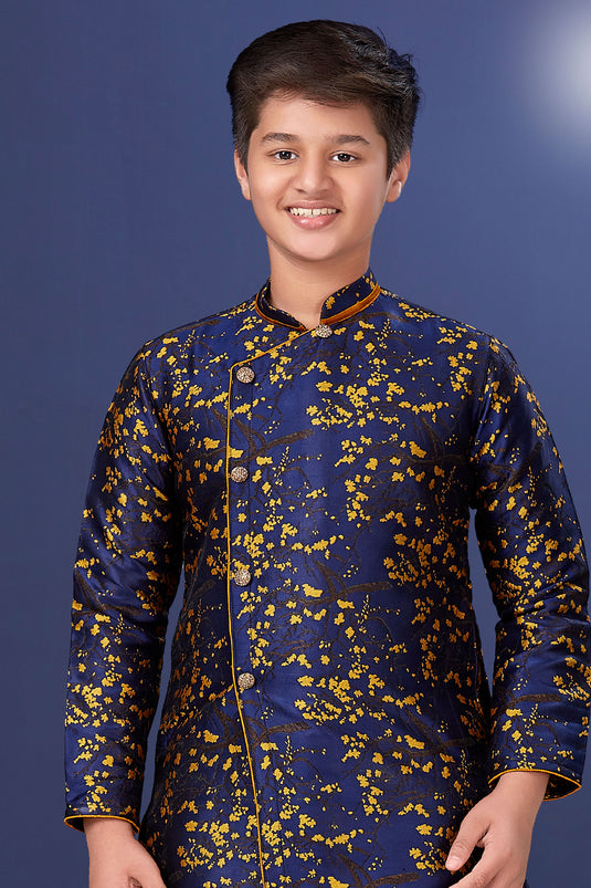 Navy Blue Color Occasion Wear Art Silk Fabric Designer Readymade Indo Western For Boys