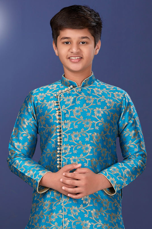 Occasion Wear Art Silk Fabric Designer Readymade Indo Western For Boys In Cyan Color