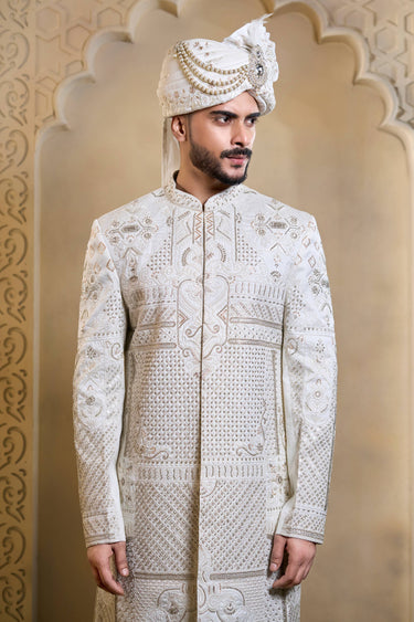 Embroidered Silk White Men Readymade Groom Sherwani