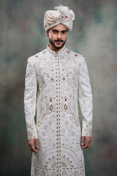 Embroidered White Men Readymade Groom Sherwani