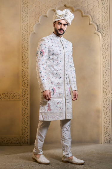Silk Fabric White Men Readymade Groom Sherwani