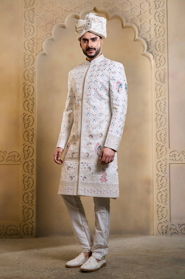 Silk Fabric White Men Readymade Groom Sherwani