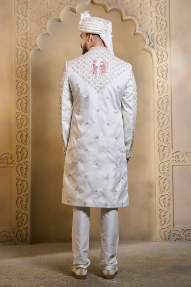Silk Fabric Heavy Embroidered White Men Groom Sherwani