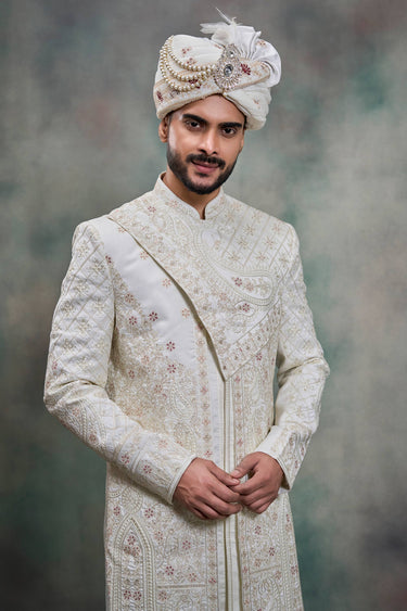 Silk Fabric White Heavy Embroidered Men Readymade Groom Sherwani