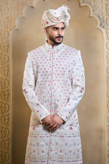 White Color Heavy Embroidered Silk Men Readymade Groom Sherwani