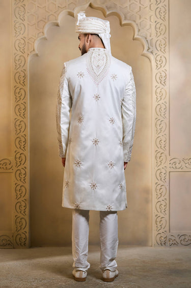 Silk Fabric White Embroidered Work Men Readymade Groom Sherwani