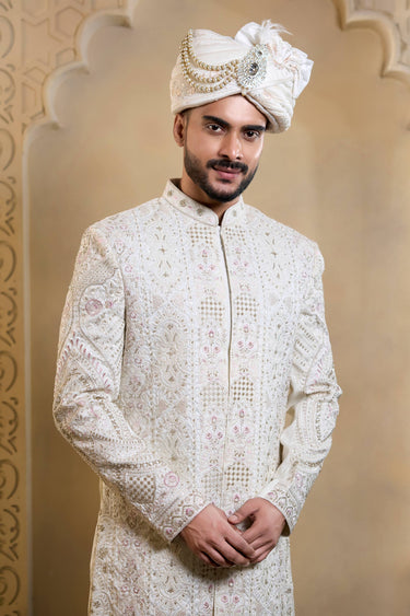 Silk Fabric White Embroidered Work Men Readymade Groom Sherwani