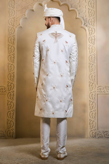 White Color Silk Fabric Heavy Embroidered Groom Sherwani For Men