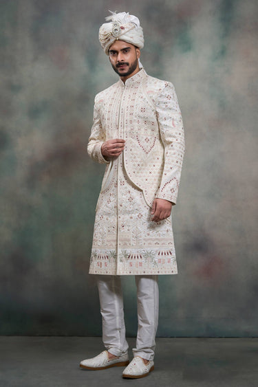 Silk Heavy Embroidered Off White Color Men Readymade Groom Sherwani