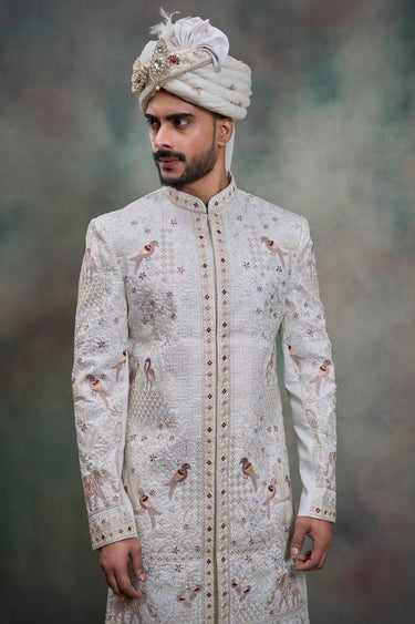 White Color Silk Fabric Men Readymade Groom Sherwani
