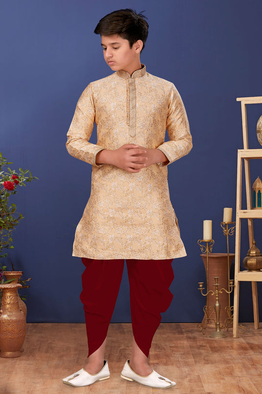 Wedding Wear Beige Color Jacquard Silk Fabric Boys Readymade Kurta Pyjama