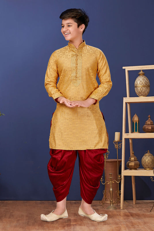 Traditional Wear Jacquard Silk Fabric Fancy Readymade Kurta Pyjama For Boys In Golden Color