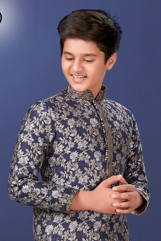 Occasion Wear Trendy Readymade Kurta Pyjama For Boys In Navy Blue Color Jacquard Silk