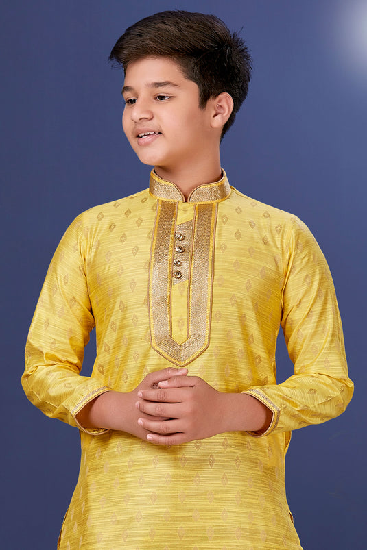 Occasion Wear Jacquard Silk Fabric Designer Readymade Kurta Pyjama For Boys In Yellow