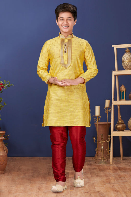 Occasion Wear Jacquard Silk Fabric Designer Readymade Kurta Pyjama For Boys In Yellow