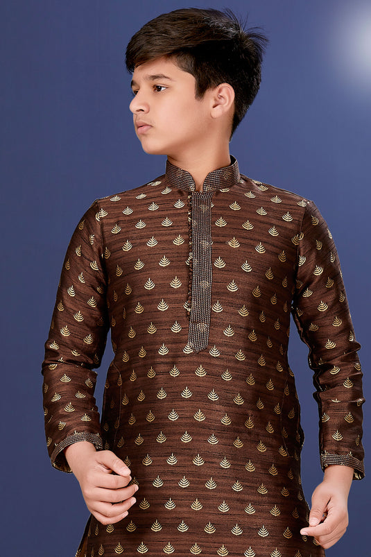 Sangeet Function Wear Designer Readymade Kurta Pyjama For Boys In Jacquard Silk Fabric Brown