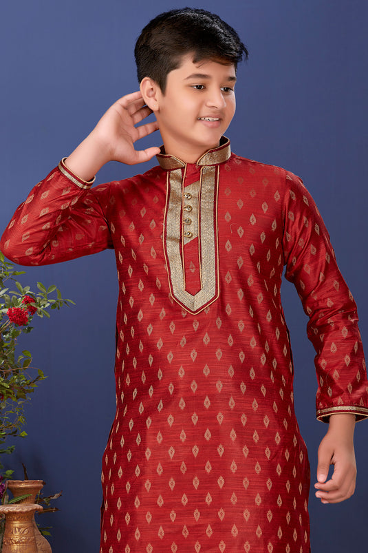 Sangeet Function Wear Maroon Jacquard Silk Stylish Readymade Kurta Pyjama For Boys