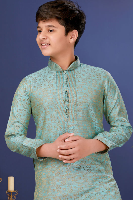 Function Wear Jacquard Silk Stylish Readymade Kurta Pyjama For Boys In Cyan