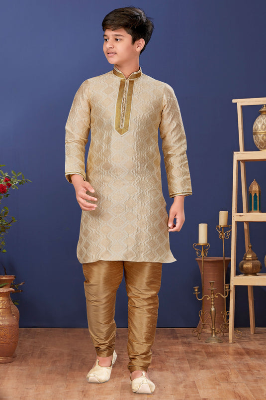 Beige Function Wear Jacquard Silk Stylish Readymade Kurta Pyjama For Boys