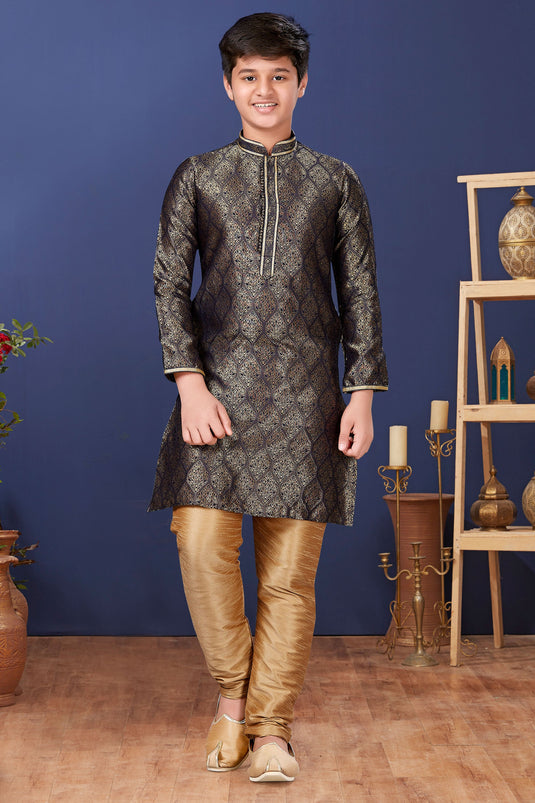 Jacquard Silk Black Function Wear Stylish Readymade Boys Kurta Pyjama