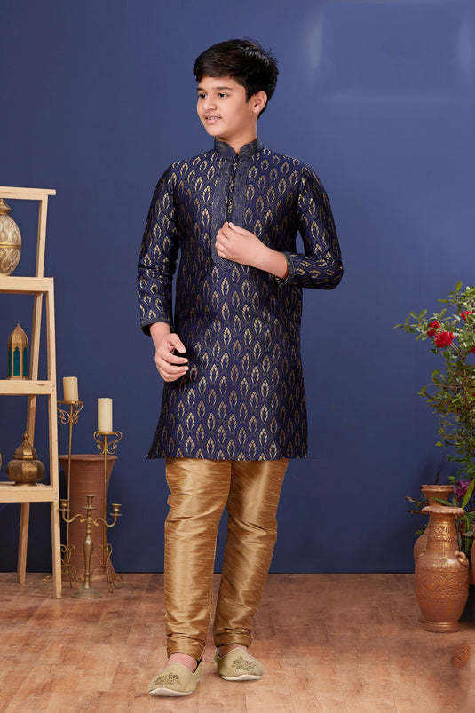 Function Wear Jacquard Silk Fabric Readymade Kurta Pyjama For Boys In Navy Blue Color