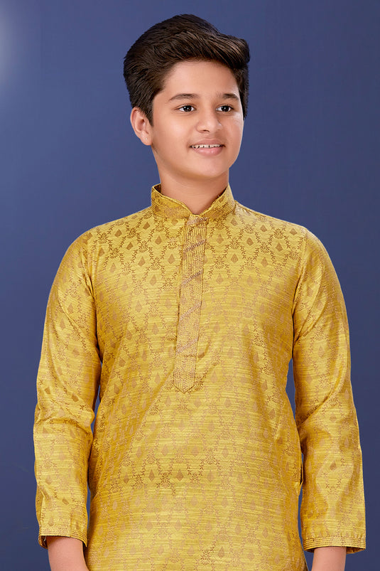 Occasion Wear Trendy Readymade Kurta Pyjama For Boys In Yellow Color Jacquard Silk Fabric