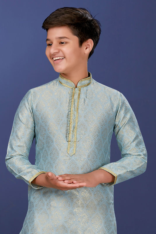 Occasion Wear Light Cyan Color Jacquard Silk Fabric Readymade Boys Kurta Pyjama