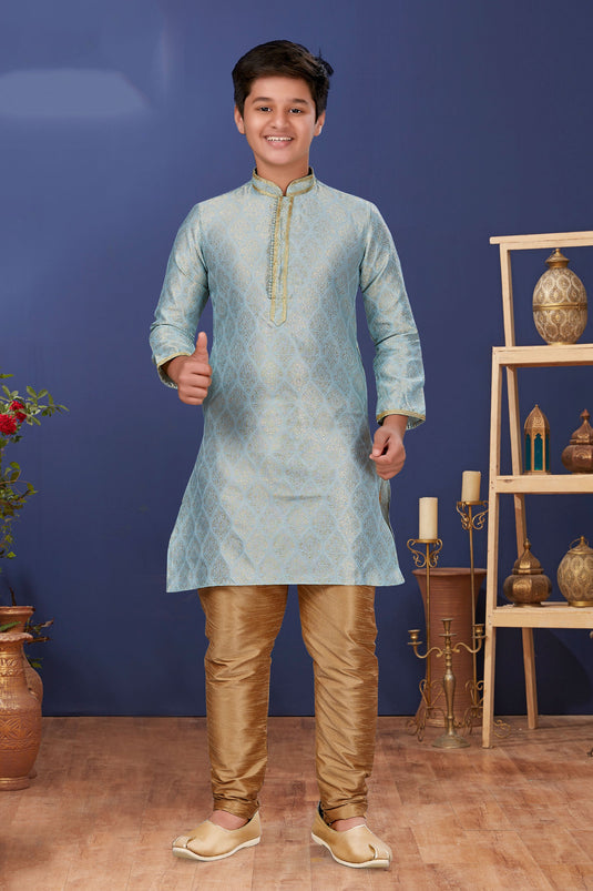 Occasion Wear Light Cyan Color Jacquard Silk Fabric Readymade Boys Kurta Pyjama