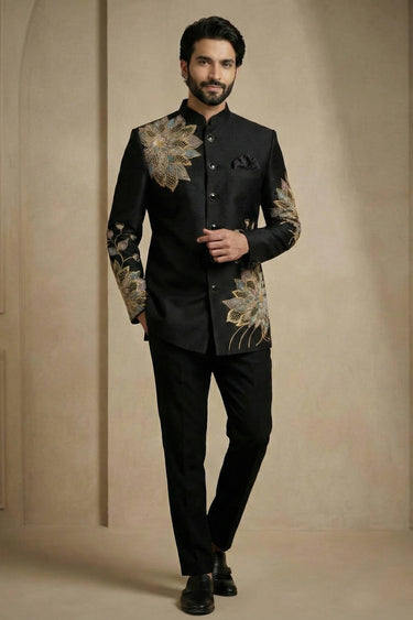 Satin Silk Embroidered Black Readymade Jodhpuri Suit For Men