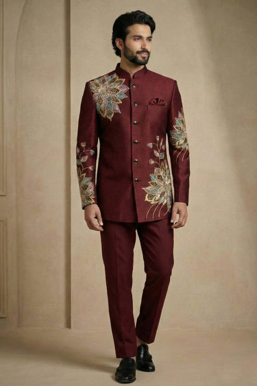 Maroon Sangeet Wear Satin Silk Embroidered Readymade Jodhpuri Suit For Men