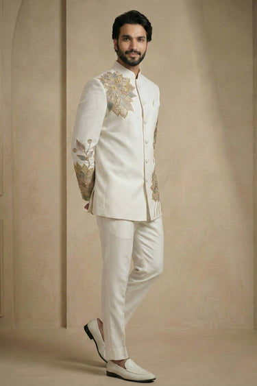 White Sangeet Wear Satin Silk Fabric Readymade Jodhpuri Suit For Men