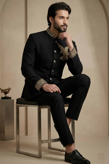 Mens Black Designer Wedding Wear Readymade Indo Western Jopdupuri Suit