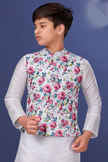 White Color Dhupion Silk Fabric Traditional Wear Fancy Readymade Boys Kurta Pyjama With Jacket